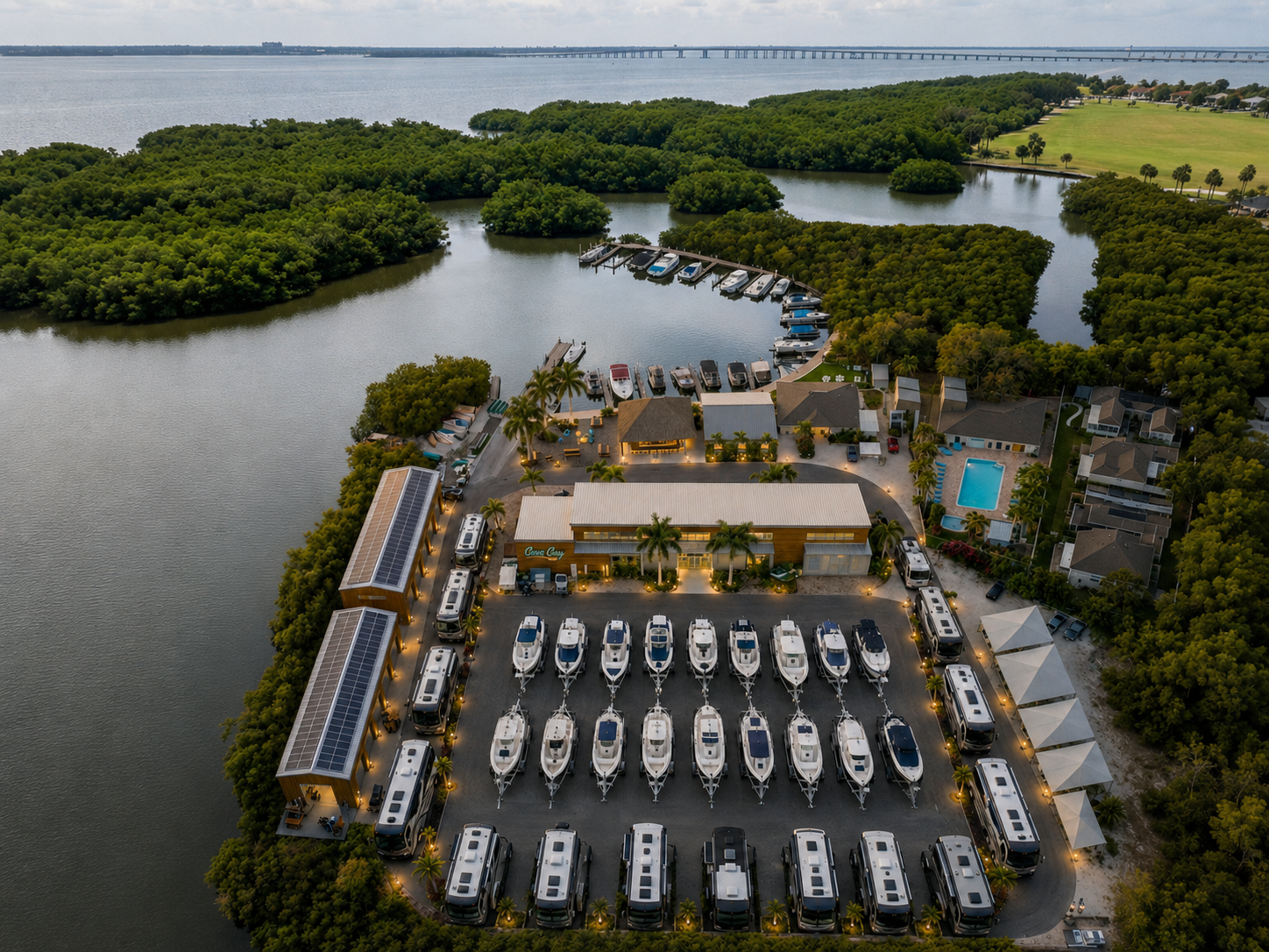 Aerial view of Harberson RV & Marine showroom at Cove Cay, Clearwater