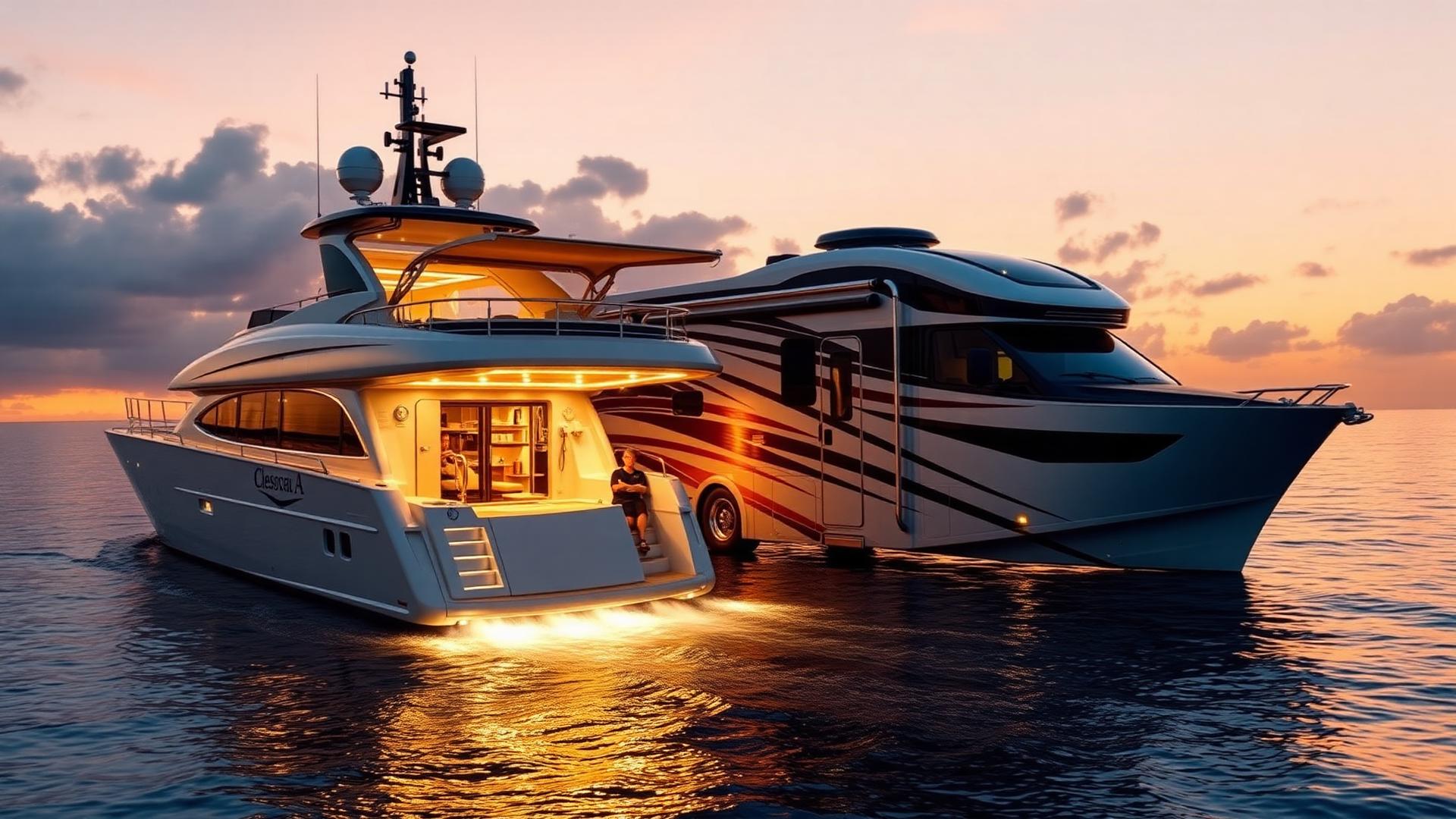 Luxury yacht and RV at sunset